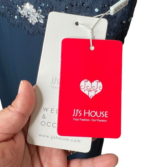 JJs House Sheath Scoop Knee-Length Chiffon Dress Beading Appliques Lace Size 12 - Picture 3 of 9